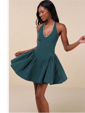 Extro&vert Deep Teal Halter Mini Dress with Jewel Trim Sz small